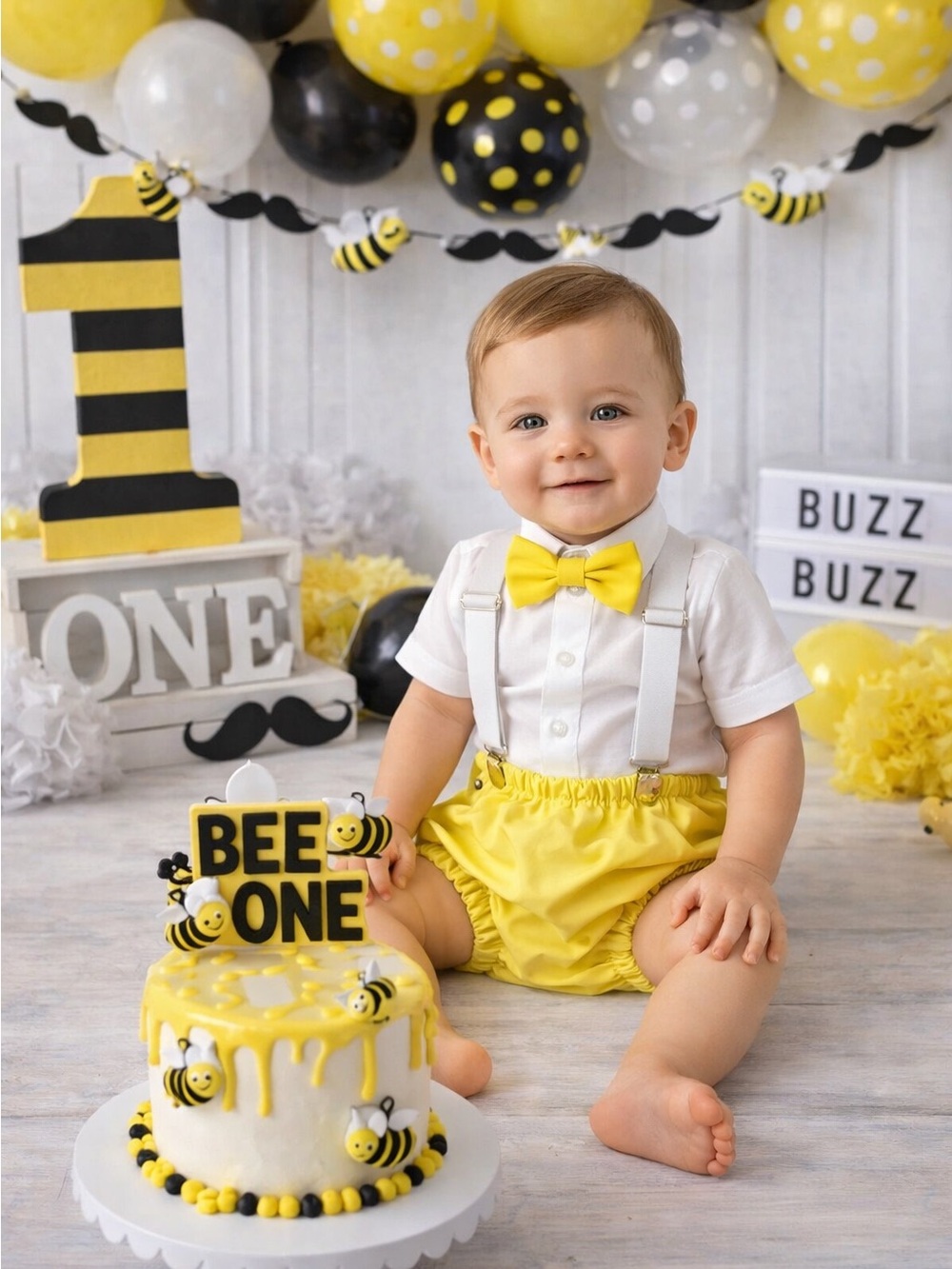 BEE ONE cake smash outfit, bloomer, Bow Tie and suspenders Set - Bee birthday